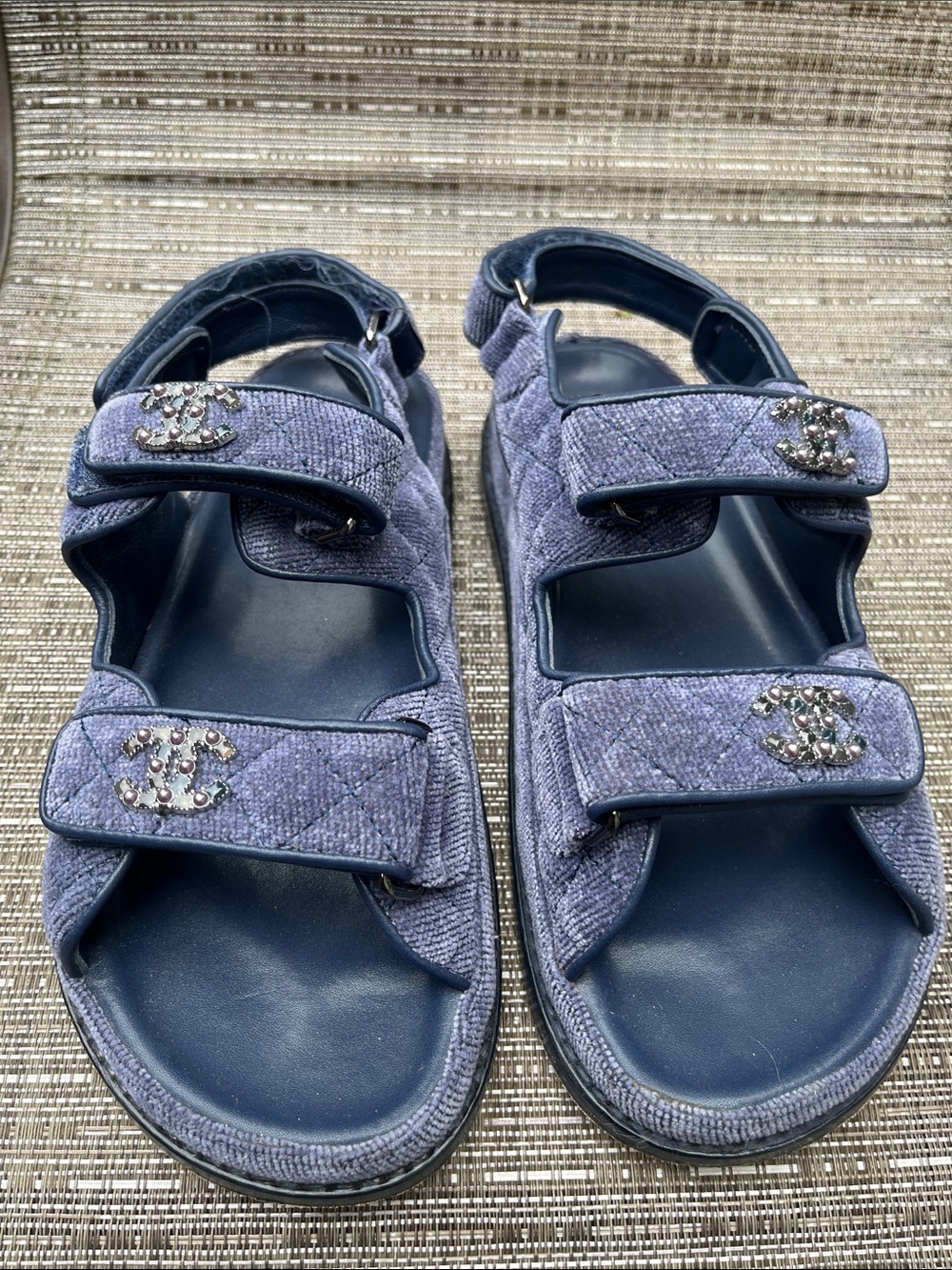 CHANEL Quilted Blue Velour Crystal-Logo Strap Sandals
